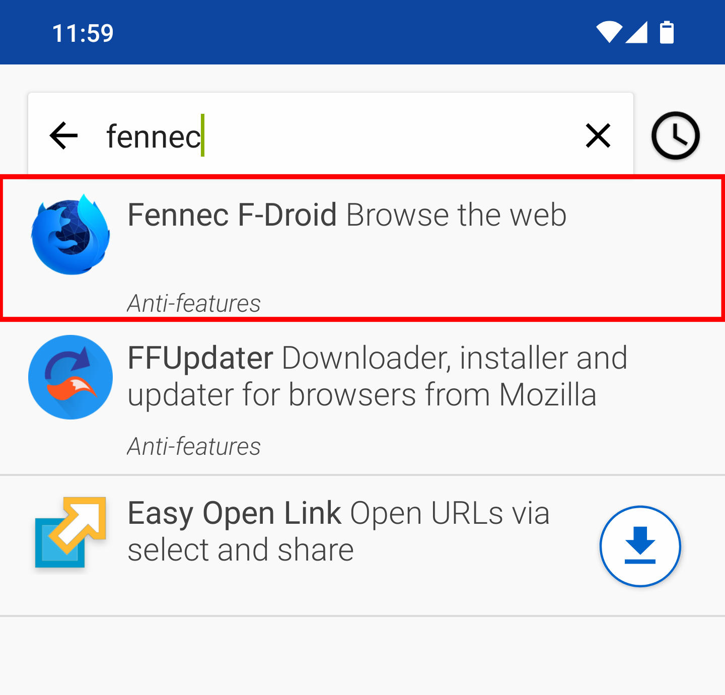 Fennec F-Droid in the search results