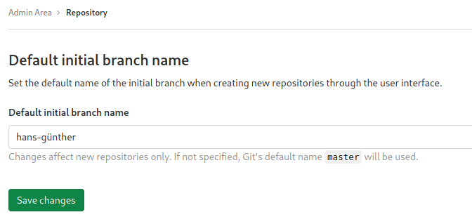 GitLab intial default branch settings option in the admin panel