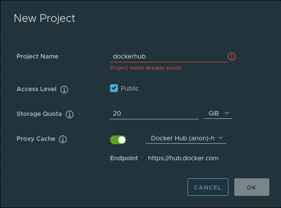 Project creation screen with the name filled out as dockerhub and the Proxy Cache box checked